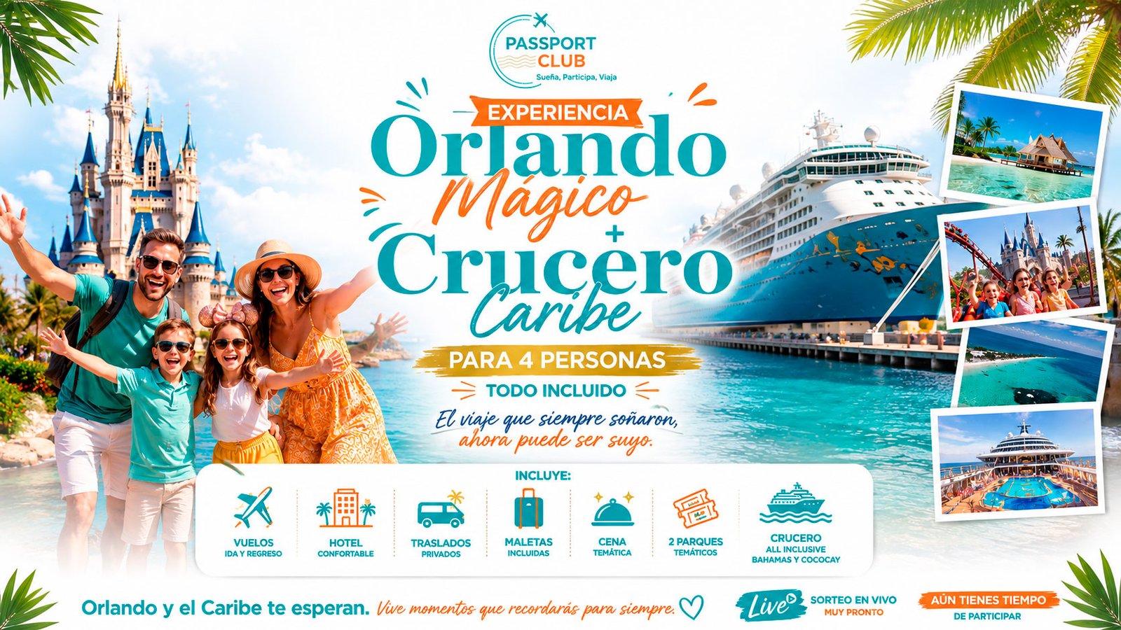 Experiencia Orlando Mágico + Crucero Caribe para 4 personas
