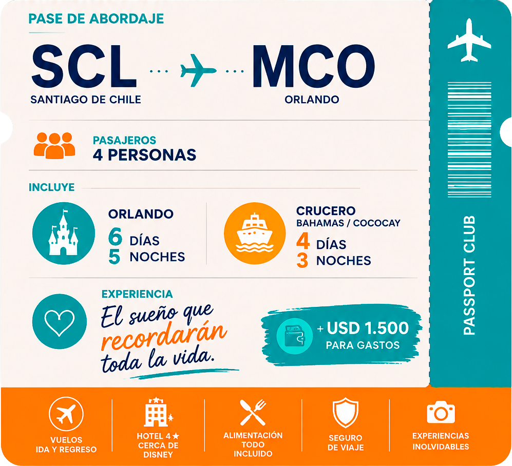 Pase de abordaje Passport Club: SCL a MCO, 4 personas, Orlando Mágico y crucero Caribe con USD 1.500 para gastos