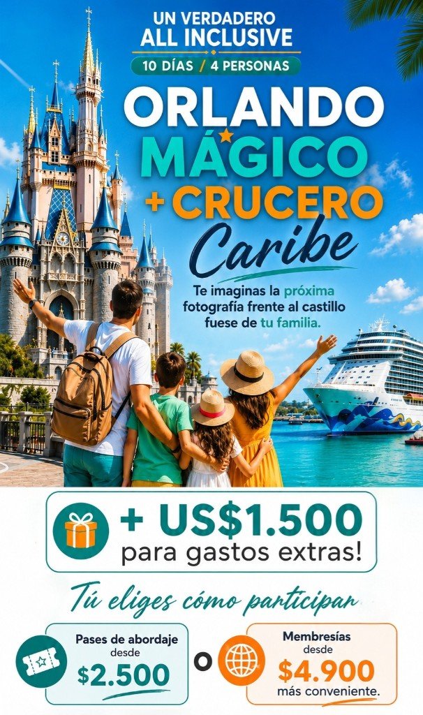 Un verdadero all inclusive: Orlando Mágico + Crucero Caribe, 10 días para 4 personas